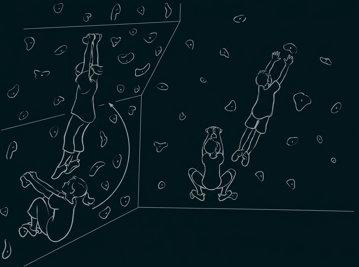 Skizzenhafte Szene: mehrere Kinder klettern an einer Boulderwand